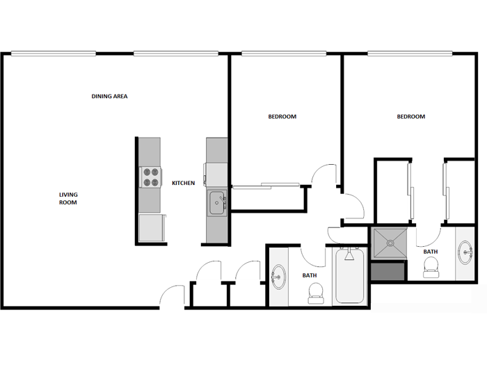 Floor plan for 2 beds, 2 baths, 995 sqft